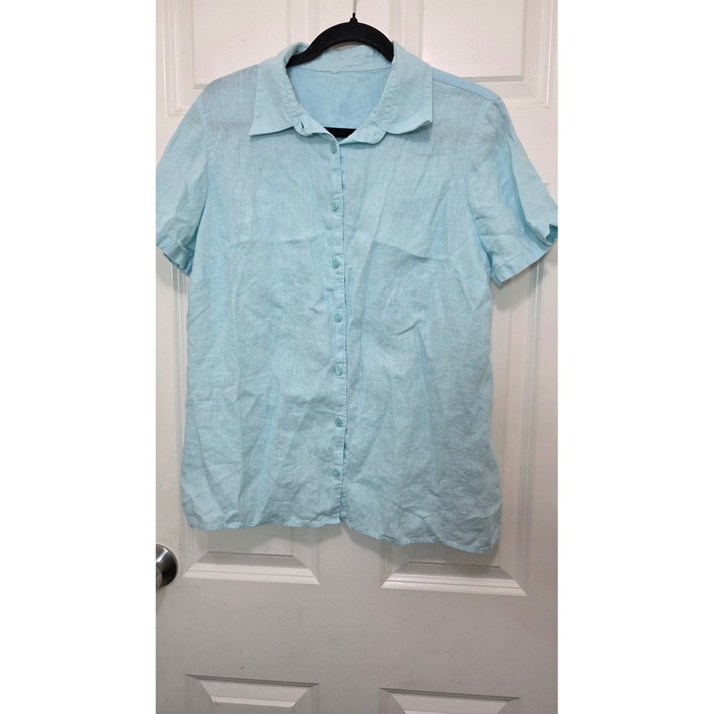 LL Bean Linen Shirt Womens M Light Blue‎ Short Sleeve Button Down Beach Vacation